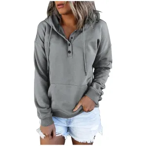 Hoodies for Women Button Collar Drawstring Lightweight Hooded Sweatshirt Casual Long Sleeve Oversized Comfort Hoodies Anxiety Pullover Tops Fashion 2024 Fall Clothes Teen Girls Streetwear C-Gray M