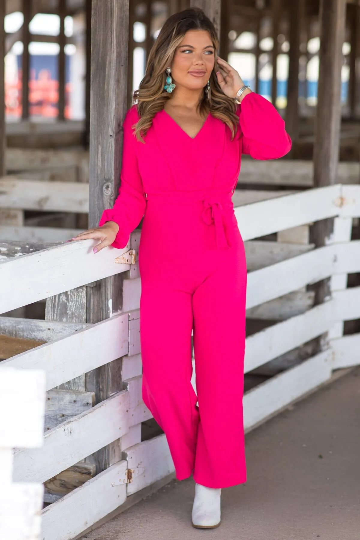 Hot Pink Long Sleeve Self Tie Waist Jumpsuit