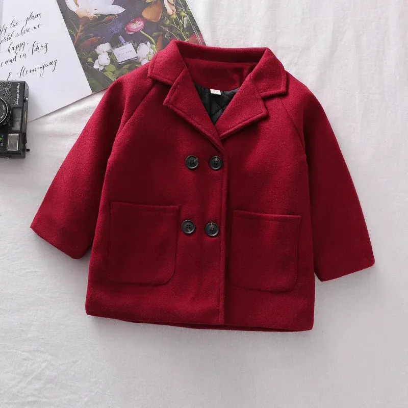 Jackets Child  Girl Woolen Double-breasted Baby Trench Coat Lapel Autumn Kids Outerwear  Winter Wool Overcoat
