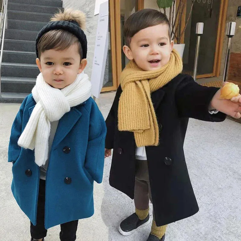 Jackets Child  Girl Woolen Double-breasted Baby Trench Coat Lapel Autumn Kids Outerwear  Winter Wool Overcoat