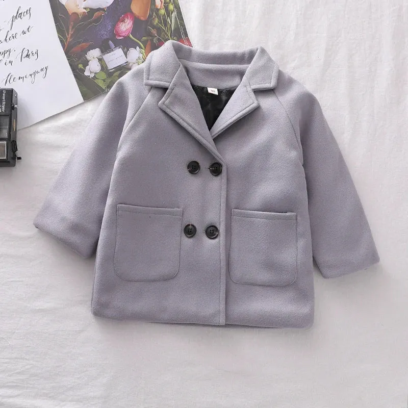 Jackets Child  Girl Woolen Double-breasted Baby Trench Coat Lapel Autumn Kids Outerwear  Winter Wool Overcoat