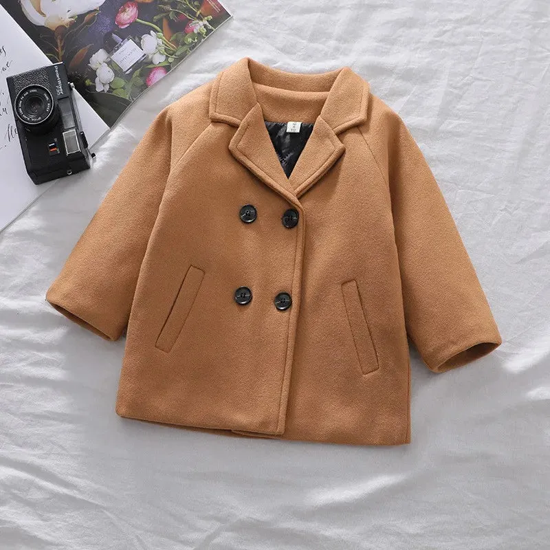 Jackets Child  Girl Woolen Double-breasted Baby Trench Coat Lapel Autumn Kids Outerwear  Winter Wool Overcoat