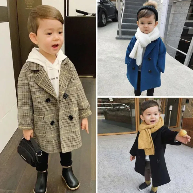 Jackets Child  Girl Woolen Double-breasted Baby Trench Coat Lapel Autumn Kids Outerwear  Winter Wool Overcoat