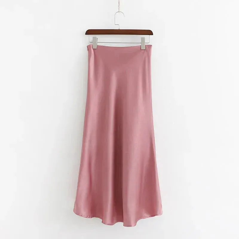 Jana Pink Satin Side Slit Midi Skirt