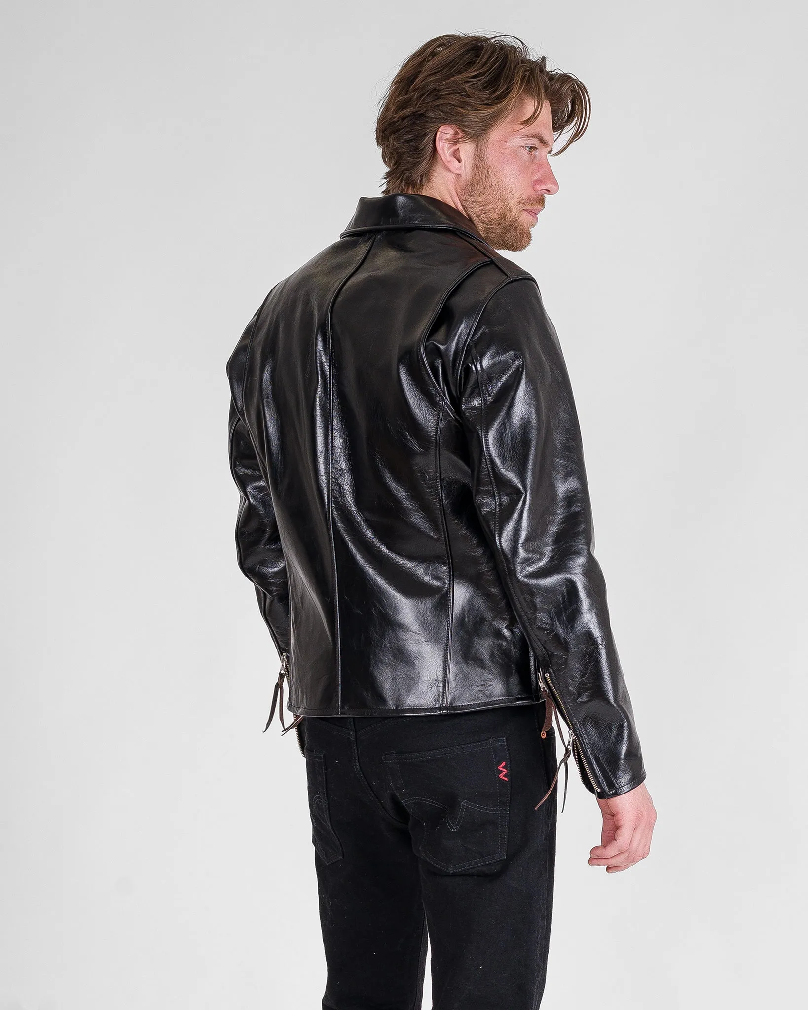 Japanese Horsehide Rider’s Jacket with Collar - Black (Tea-Core Dyed)