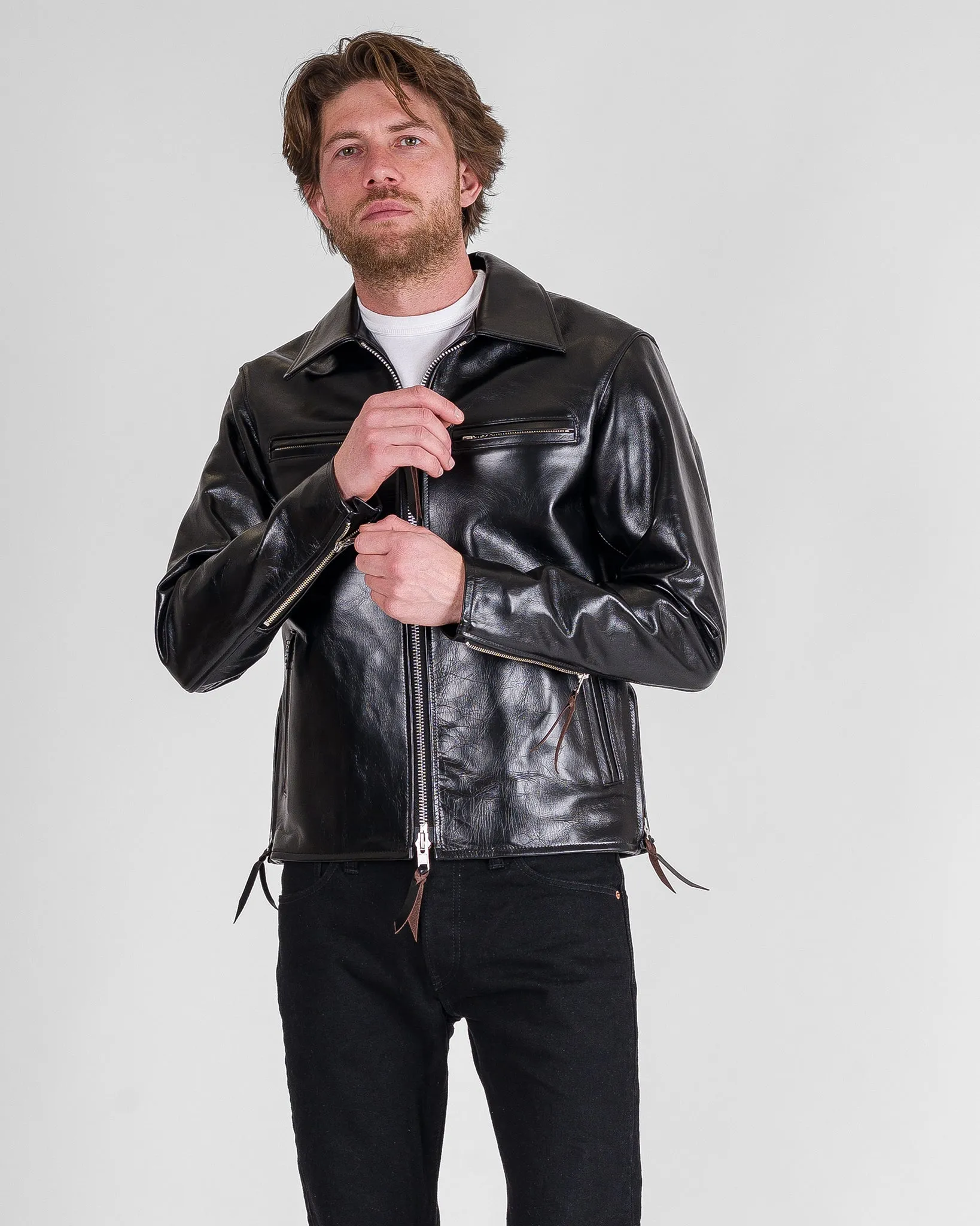 Japanese Horsehide Rider’s Jacket with Collar - Black (Tea-Core Dyed)