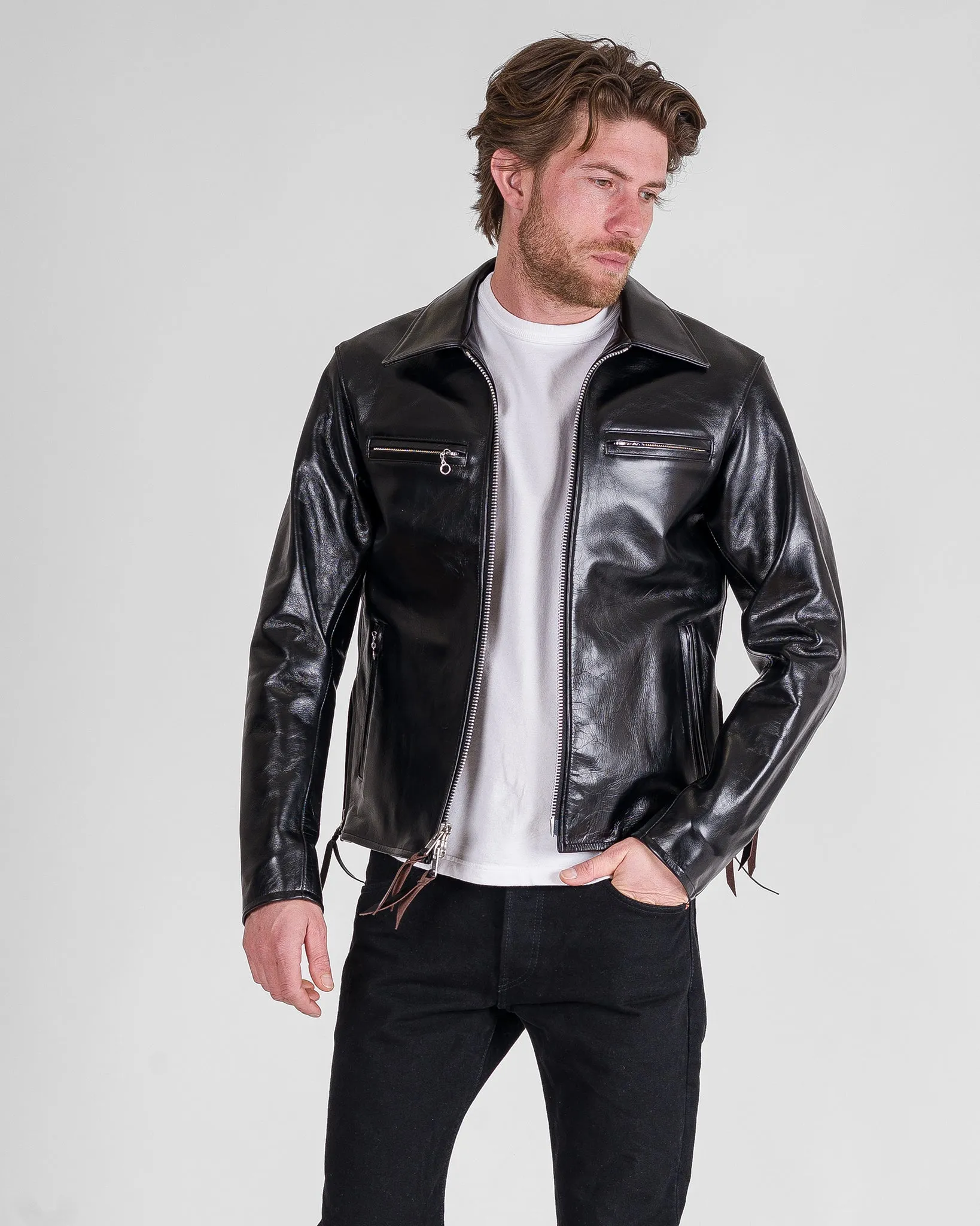 Japanese Horsehide Rider’s Jacket with Collar - Black (Tea-Core Dyed)