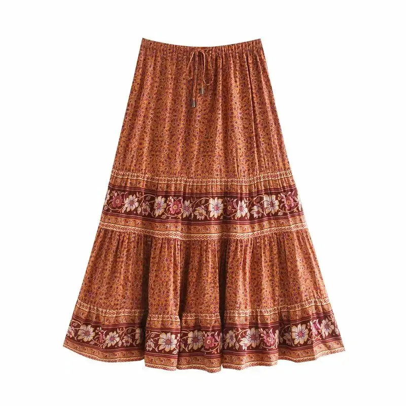 JazzHer 2024 Summer Skirt Women Paisley Floral Print Skirts Casual Vintage A-Line Beach Skirt saia Jupe Femme faldas Midi Skirts