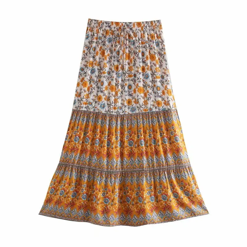 JazzHer 2024 Summer Skirt Women Paisley Floral Print Skirts Casual Vintage A-Line Beach Skirt saia Jupe Femme faldas Midi Skirts