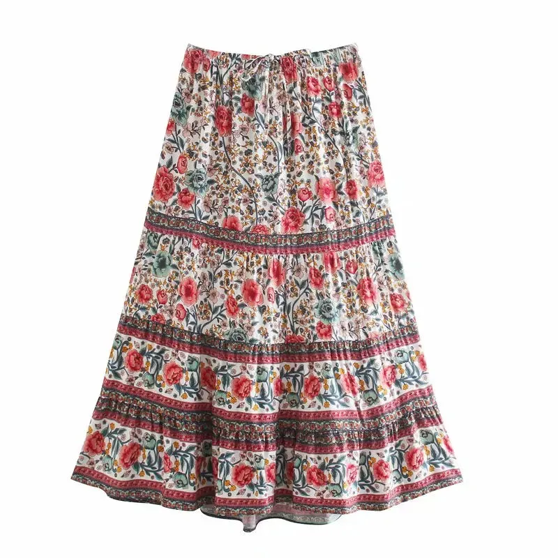 JazzHer 2024 Summer Skirt Women Paisley Floral Print Skirts Casual Vintage A-Line Beach Skirt saia Jupe Femme faldas Midi Skirts