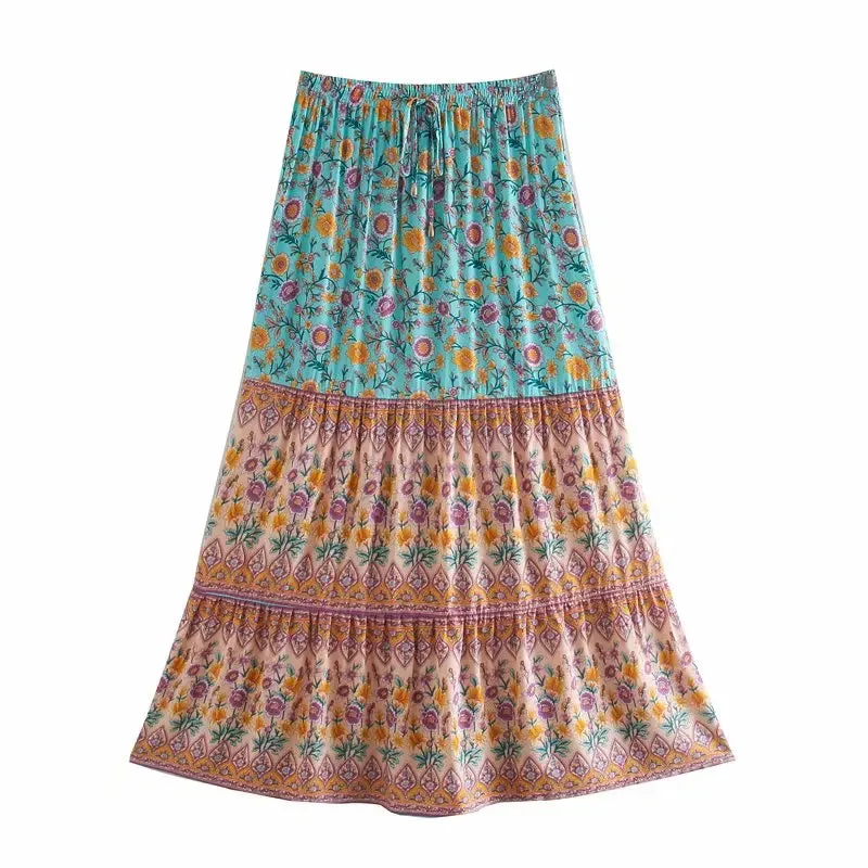 JazzHer 2024 Summer Skirt Women Paisley Floral Print Skirts Casual Vintage A-Line Beach Skirt saia Jupe Femme faldas Midi Skirts