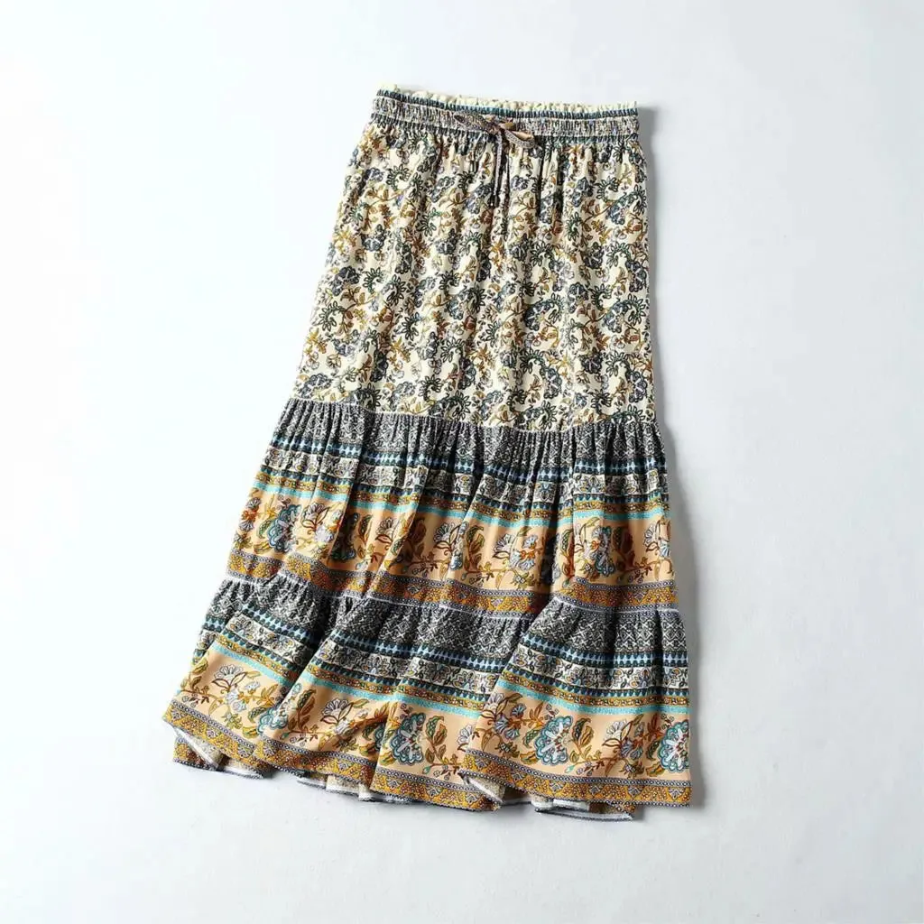 JazzHer 2024 Summer Skirt Women Paisley Floral Print Skirts Casual Vintage A-Line Beach Skirt saia Jupe Femme faldas Midi Skirts