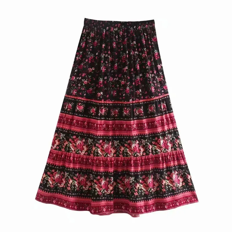 JazzHer 2024 Summer Skirt Women Paisley Floral Print Skirts Casual Vintage A-Line Beach Skirt saia Jupe Femme faldas Midi Skirts