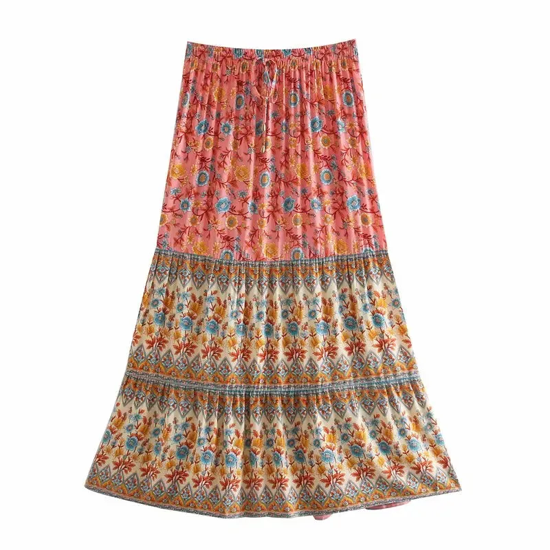 JazzHer 2024 Summer Skirt Women Paisley Floral Print Skirts Casual Vintage A-Line Beach Skirt saia Jupe Femme faldas Midi Skirts
