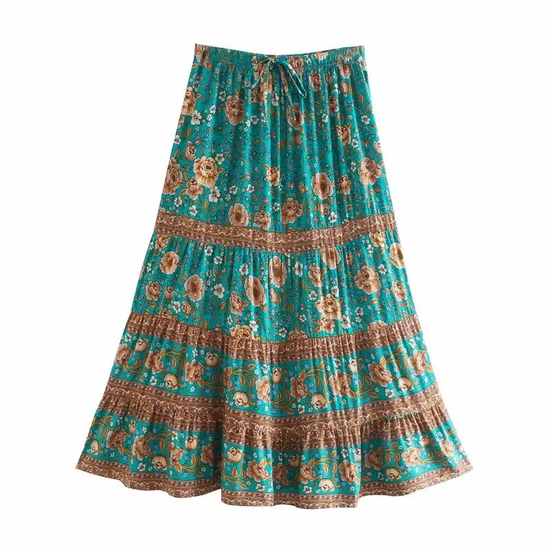 JazzHer 2024 Summer Skirt Women Paisley Floral Print Skirts Casual Vintage A-Line Beach Skirt saia Jupe Femme faldas Midi Skirts