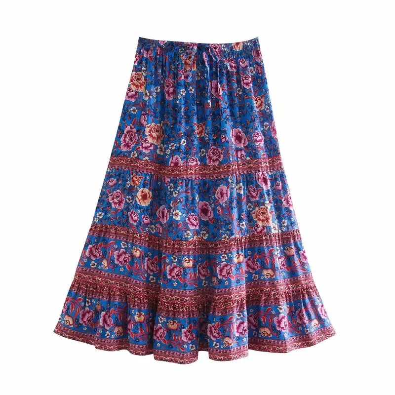 JazzHer 2024 Summer Skirt Women Paisley Floral Print Skirts Casual Vintage A-Line Beach Skirt saia Jupe Femme faldas Midi Skirts