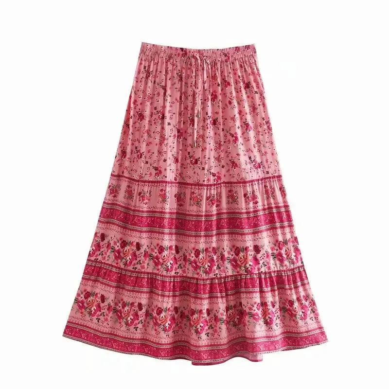 JazzHer 2024 Summer Skirt Women Paisley Floral Print Skirts Casual Vintage A-Line Beach Skirt saia Jupe Femme faldas Midi Skirts