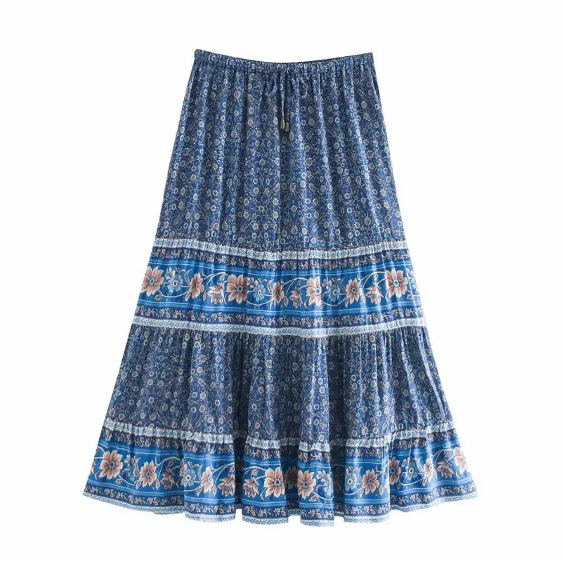 JazzHer 2024 Summer Skirt Women Paisley Floral Print Skirts Casual Vintage A-Line Beach Skirt saia Jupe Femme faldas Midi Skirts