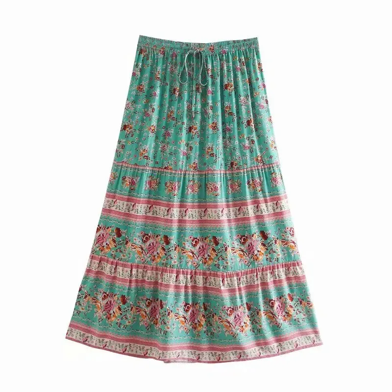 JazzHer 2024 Summer Skirt Women Paisley Floral Print Skirts Casual Vintage A-Line Beach Skirt saia Jupe Femme faldas Midi Skirts