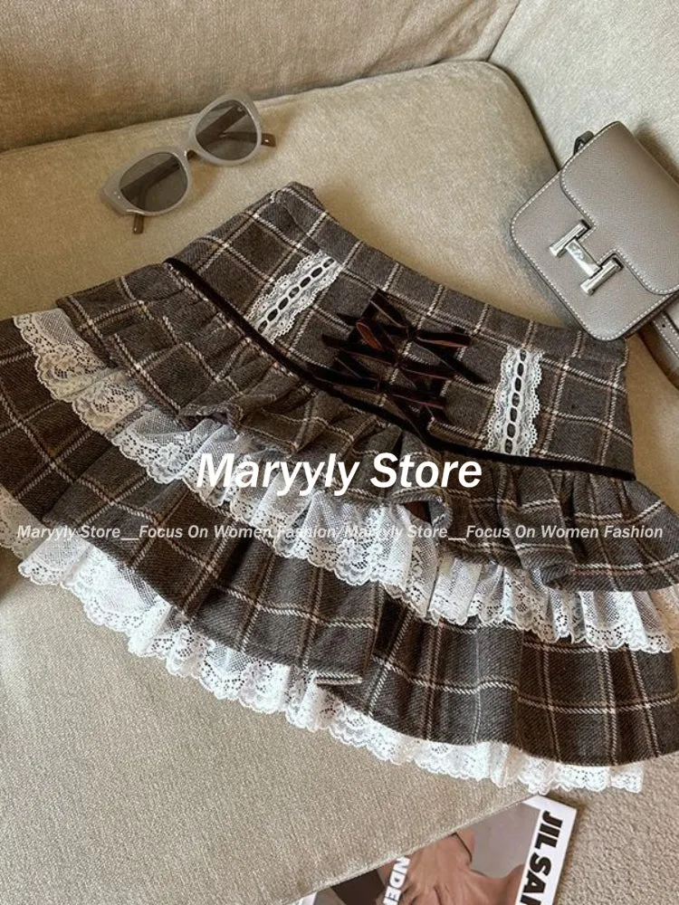 JazzHer Autumn Winter Kawaii Ruffle Lace Plaid Skirts Women Sweet Elegant Mini Skirts Female Y2k Vintage Patchwork A-line Short Skirts