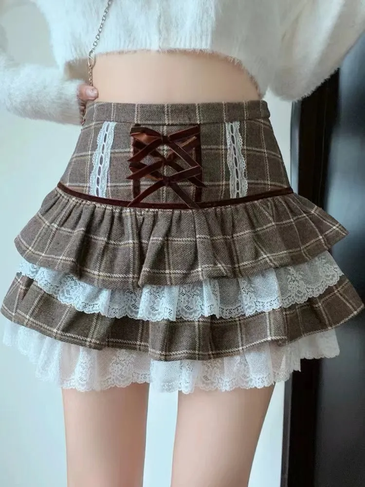 JazzHer Autumn Winter Kawaii Ruffle Lace Plaid Skirts Women Sweet Elegant Mini Skirts Female Y2k Vintage Patchwork A-line Short Skirts