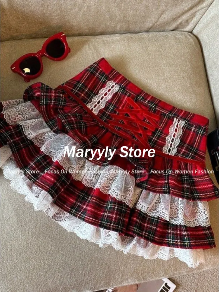 JazzHer Autumn Winter Kawaii Ruffle Lace Plaid Skirts Women Sweet Elegant Mini Skirts Female Y2k Vintage Patchwork A-line Short Skirts