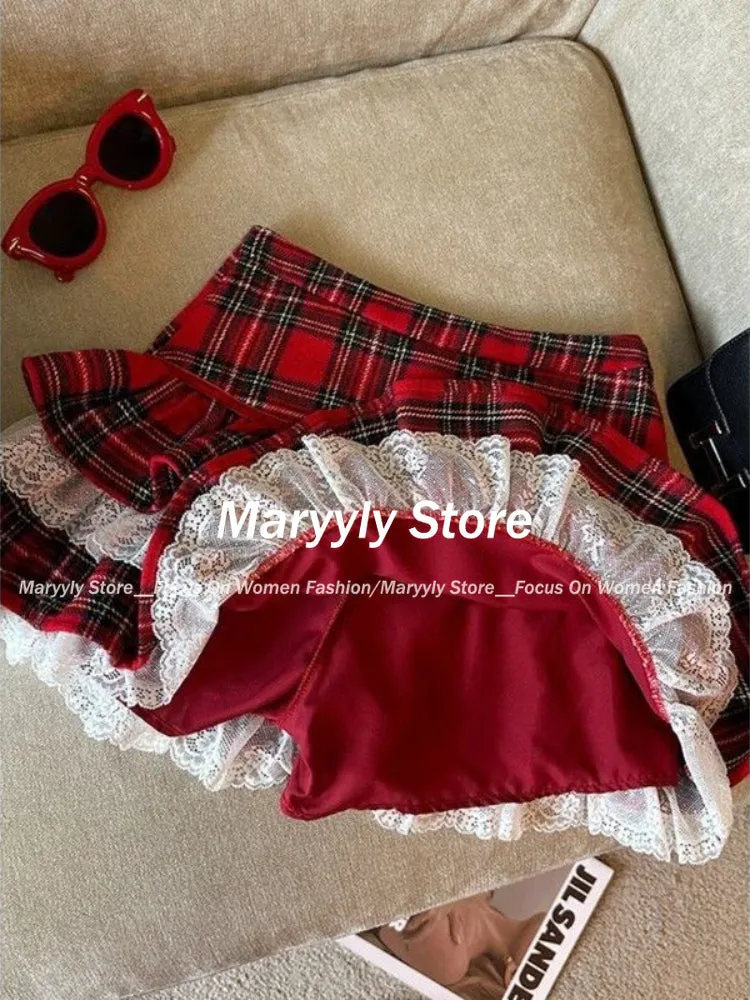 JazzHer Autumn Winter Kawaii Ruffle Lace Plaid Skirts Women Sweet Elegant Mini Skirts Female Y2k Vintage Patchwork A-line Short Skirts