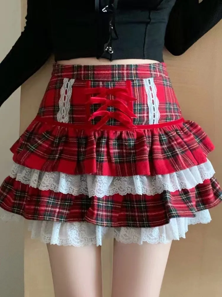 JazzHer Autumn Winter Kawaii Ruffle Lace Plaid Skirts Women Sweet Elegant Mini Skirts Female Y2k Vintage Patchwork A-line Short Skirts