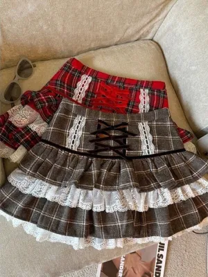 JazzHer Autumn Winter Kawaii Ruffle Lace Plaid Skirts Women Sweet Elegant Mini Skirts Female Y2k Vintage Patchwork A-line Short Skirts