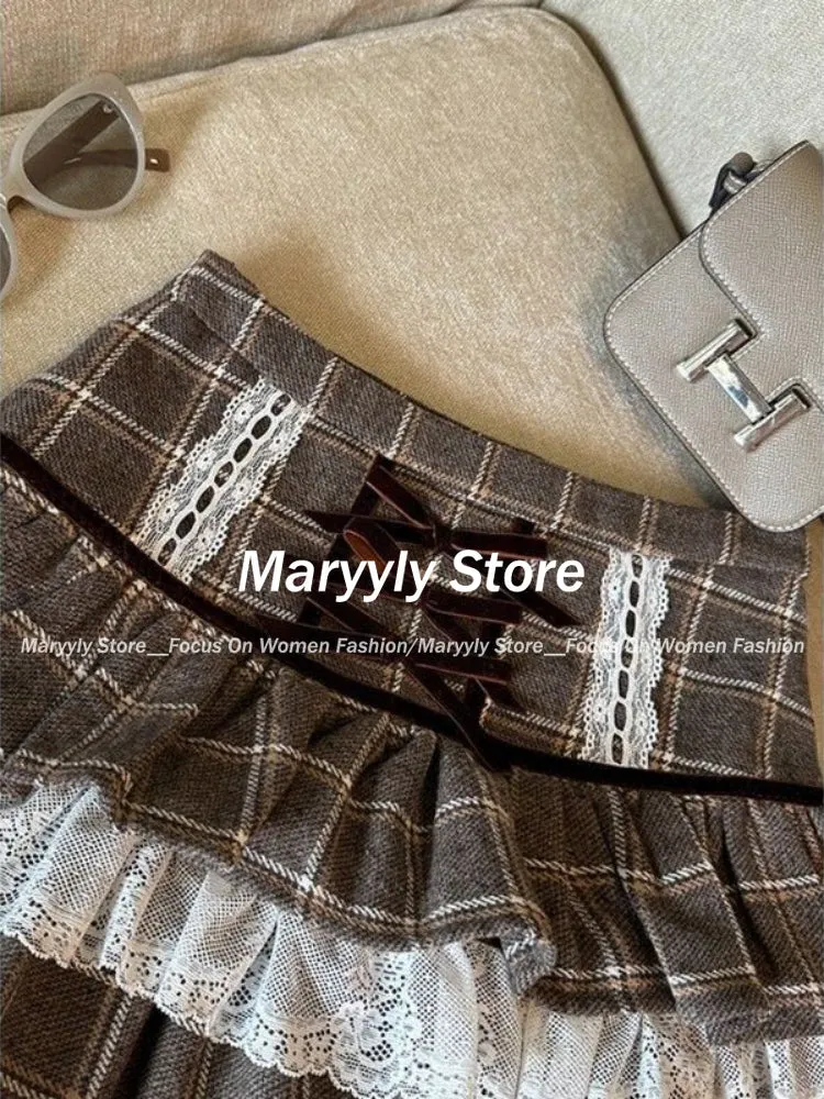 JazzHer Autumn Winter Kawaii Ruffle Lace Plaid Skirts Women Sweet Elegant Mini Skirts Female Y2k Vintage Patchwork A-line Short Skirts