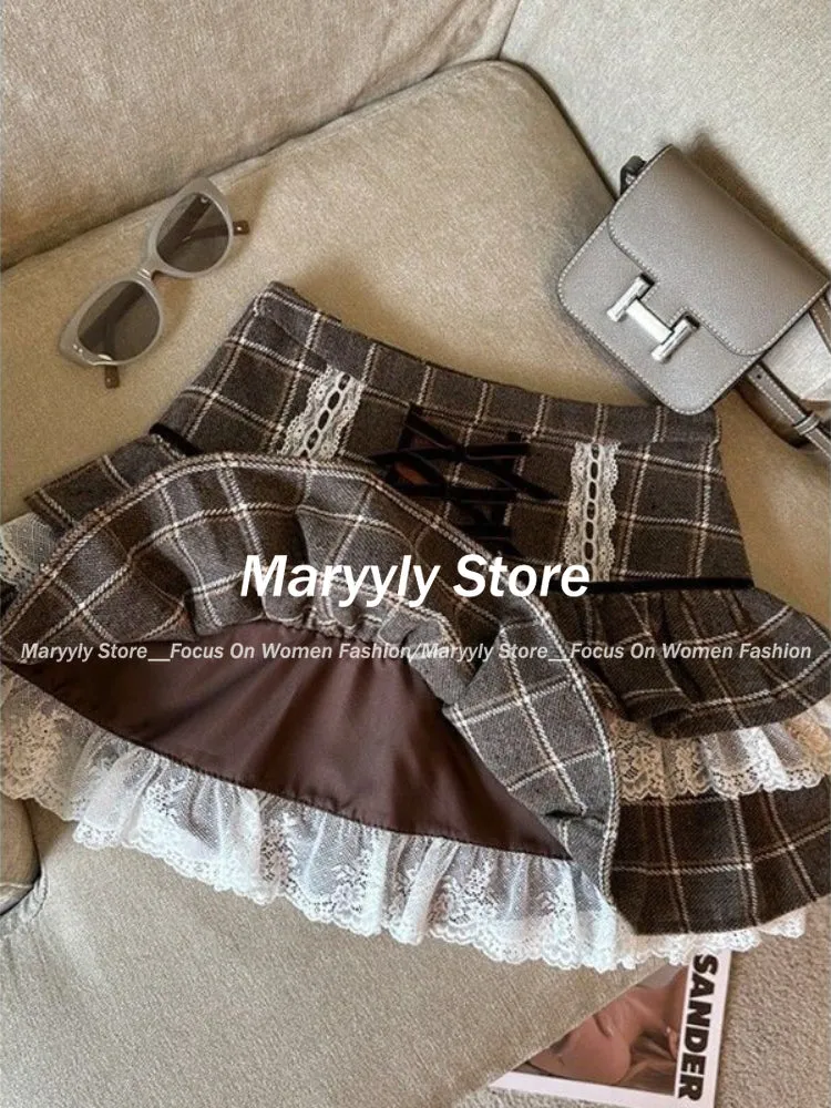 JazzHer Autumn Winter Kawaii Ruffle Lace Plaid Skirts Women Sweet Elegant Mini Skirts Female Y2k Vintage Patchwork A-line Short Skirts