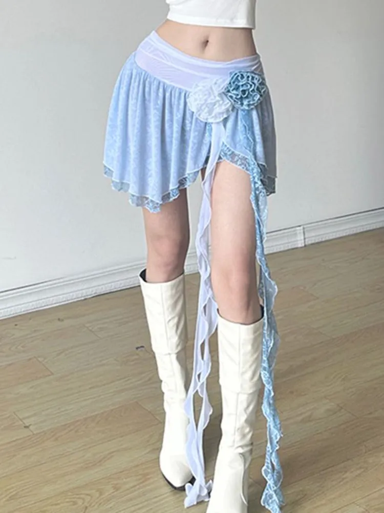 JazzHer French Lace Irregular Mini Skirts Office Lady Causal Hot Girl Slim Short Skirts 2025 Summer Korean Fashion Rose A-Line Skirts