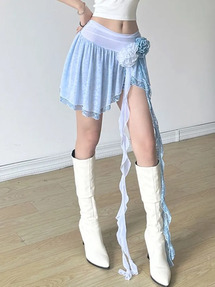 JazzHer French Lace Irregular Mini Skirts Office Lady Causal Hot Girl Slim Short Skirts 2025 Summer Korean Fashion Rose A-Line Skirts