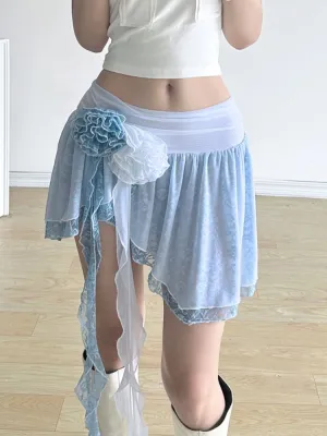 JazzHer French Lace Irregular Mini Skirts Office Lady Causal Hot Girl Slim Short Skirts 2025 Summer Korean Fashion Rose A-Line Skirts