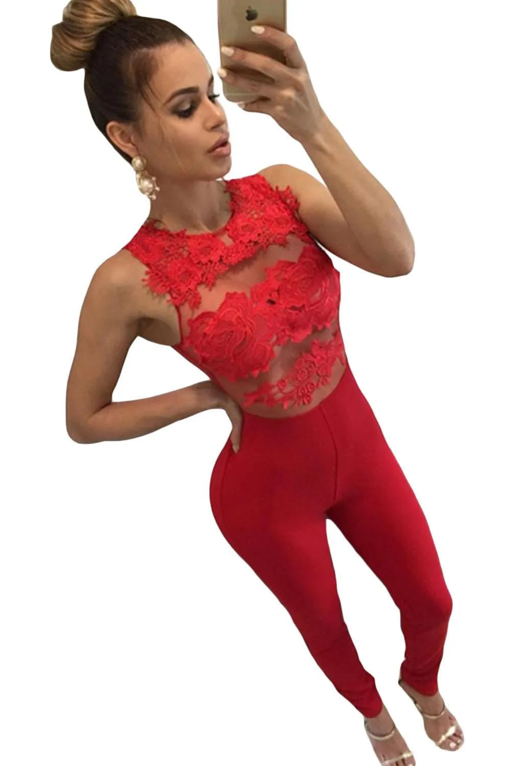 Jumpsuits Women Long Pants Casual Black Lace Leather Splice Flare Open Back Party Club Rompers