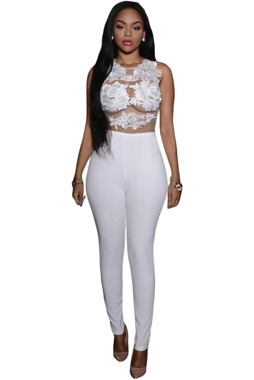 Jumpsuits Women Long Pants Casual Black Lace Leather Splice Flare Open Back Party Club Rompers