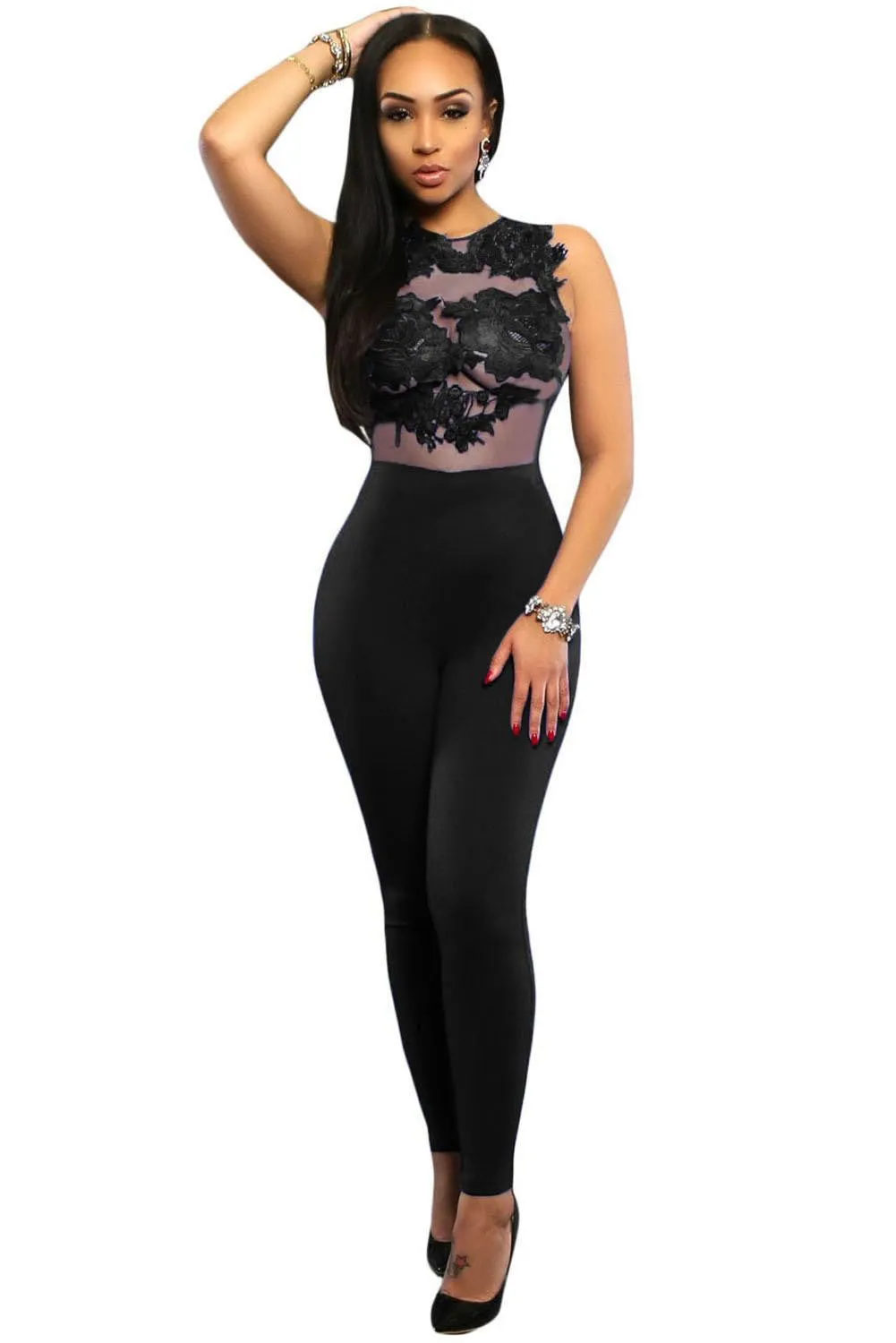 Jumpsuits Women Long Pants Casual Black Lace Leather Splice Flare Open Back Party Club Rompers