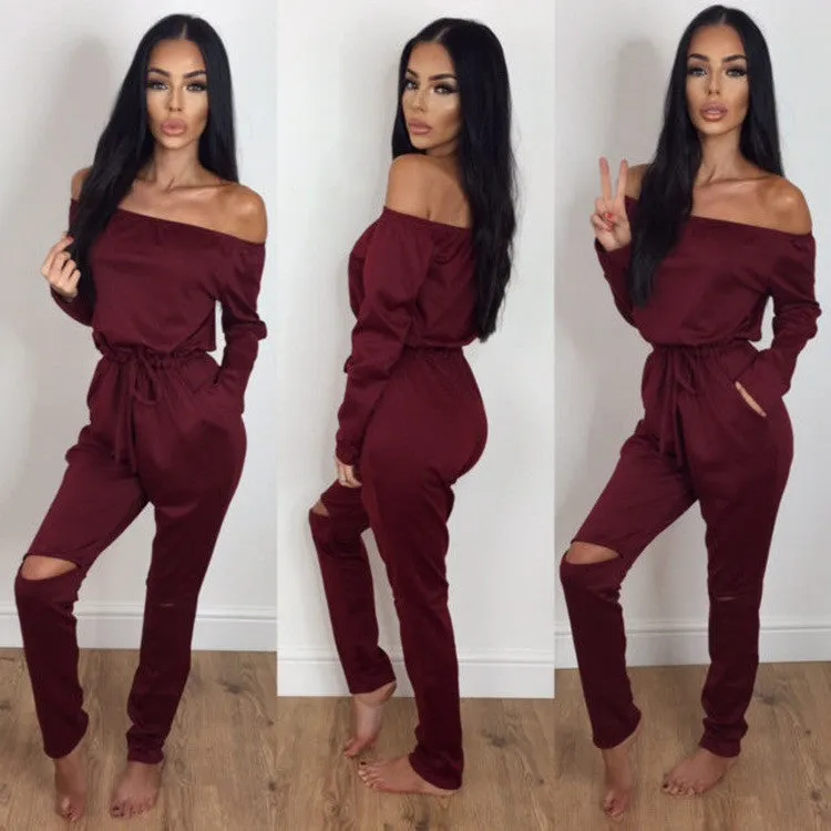 Jumpsuits Women Slim Casual Overalls Hollow Out Plus Size Slash Neck Playsuit Rompers Women Bodysuits