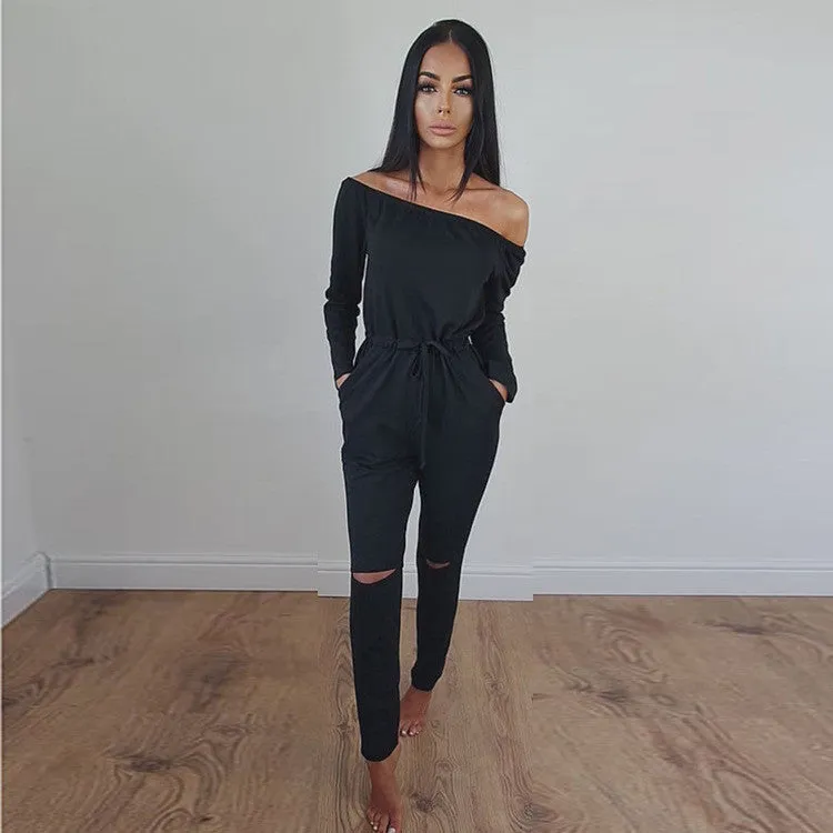 Jumpsuits Women Slim Casual Overalls Hollow Out Plus Size Slash Neck Playsuit Rompers Women Bodysuits