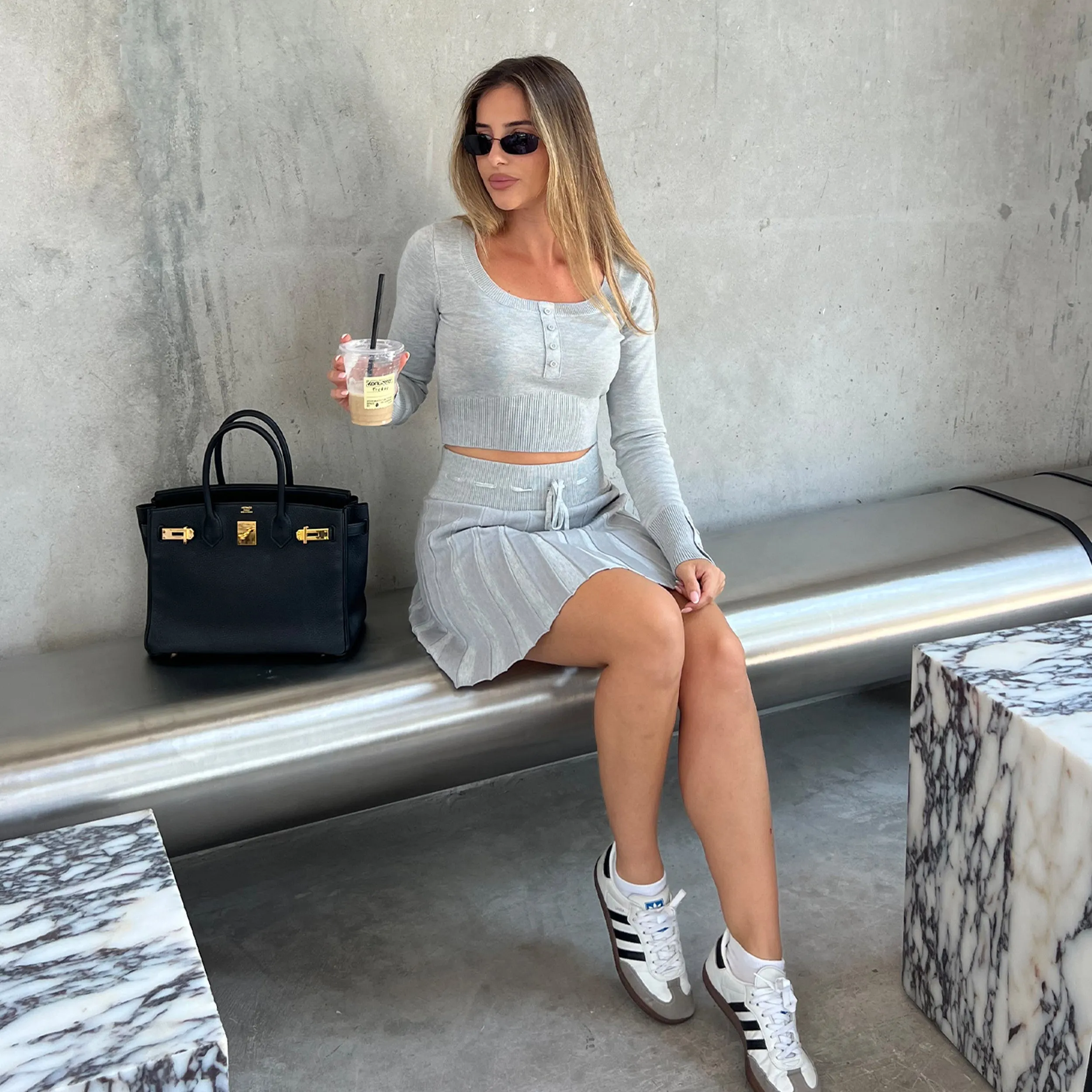 Jupe-short en Maille Plissée - Gris Chiné