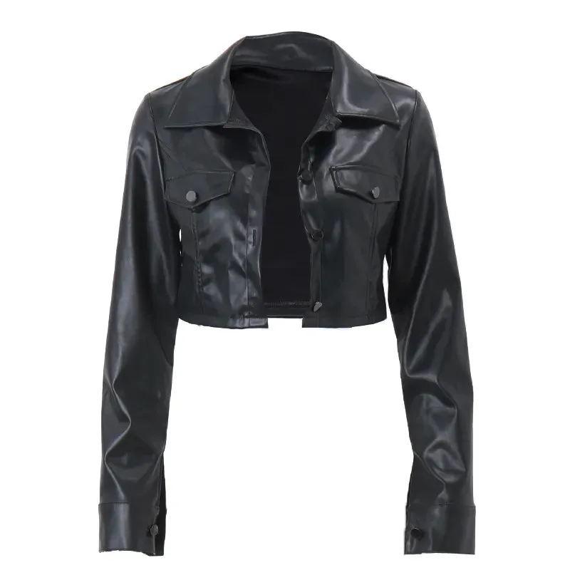 Ladies short PU leather-like jacket Y2K fashion with turn-down collar and button detailing