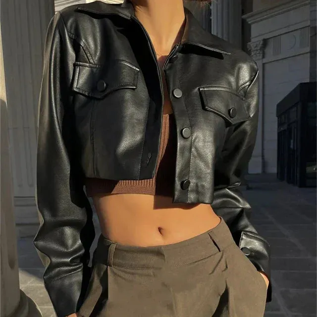 Ladies short PU leather-like jacket Y2K fashion with turn-down collar and button detailing