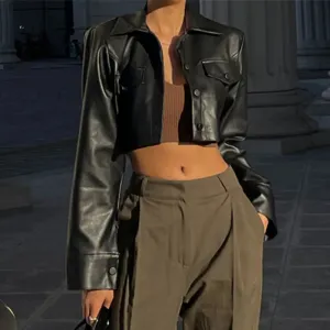 Ladies short PU leather-like jacket Y2K fashion with turn-down collar and button detailing
