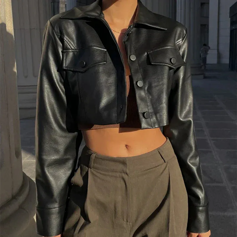 Ladies short PU leather-like jacket Y2K fashion with turn-down collar and button detailing