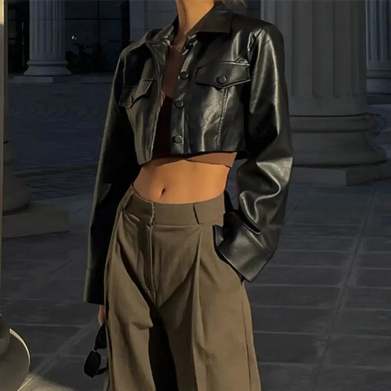 Ladies short PU leather-like jacket Y2K fashion with turn-down collar and button detailing