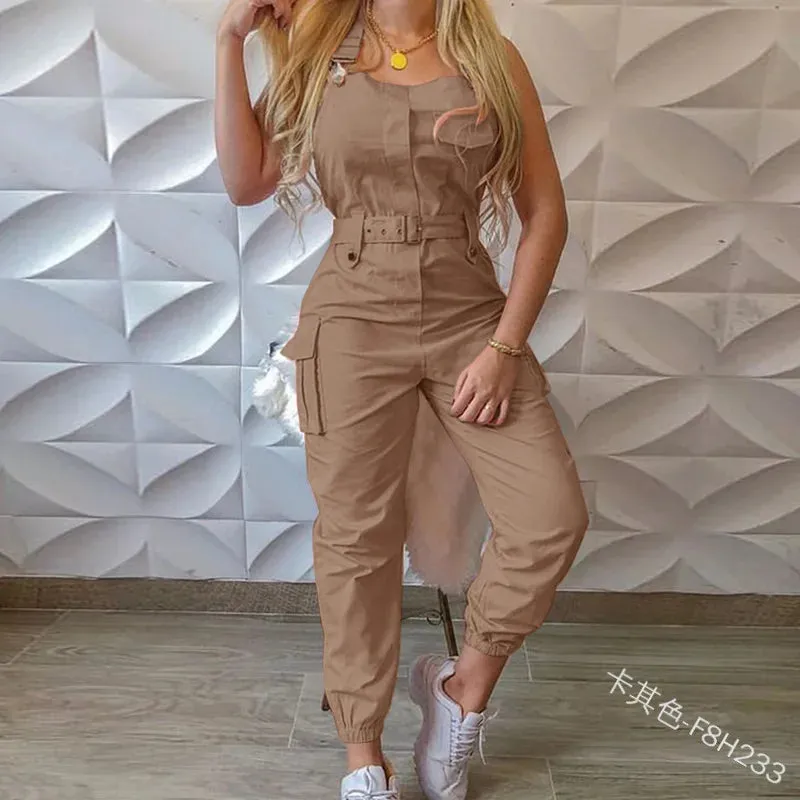 Lady Pink Jumpsuits Casual Sleeveless Polyester Ankle Tied Cargo Jumpsuits For Working Overall Jumpsuits