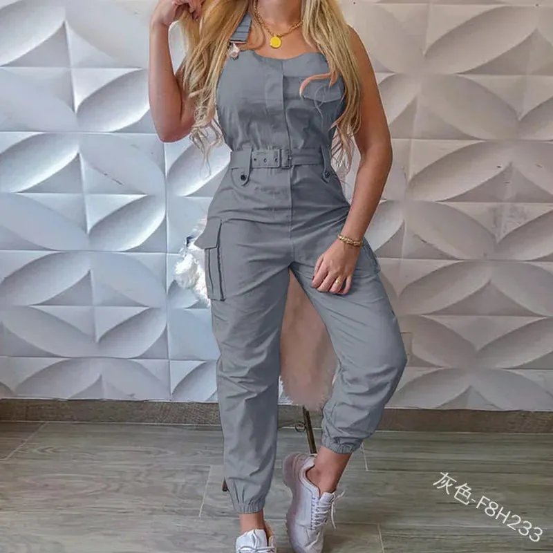 Lady Pink Jumpsuits Casual Sleeveless Polyester Ankle Tied Cargo Jumpsuits For Working Overall Jumpsuits
