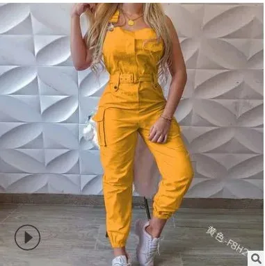 Lady Pink Jumpsuits Casual Sleeveless Polyester Ankle Tied Cargo Jumpsuits For Working Overall Jumpsuits
