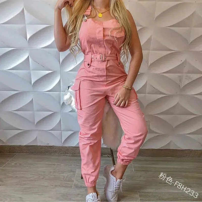 Lady Pink Jumpsuits Casual Sleeveless Polyester Ankle Tied Cargo Jumpsuits For Working Overall Jumpsuits
