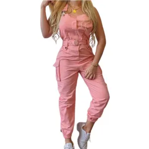 Lady Pink Jumpsuits Casual Sleeveless Polyester Ankle Tied Cargo Jumpsuits For Working Overall Jumpsuits